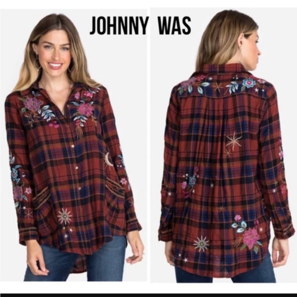 Johnny Was Plaid Painters Smock Pockets Tunic Worn once, No tag